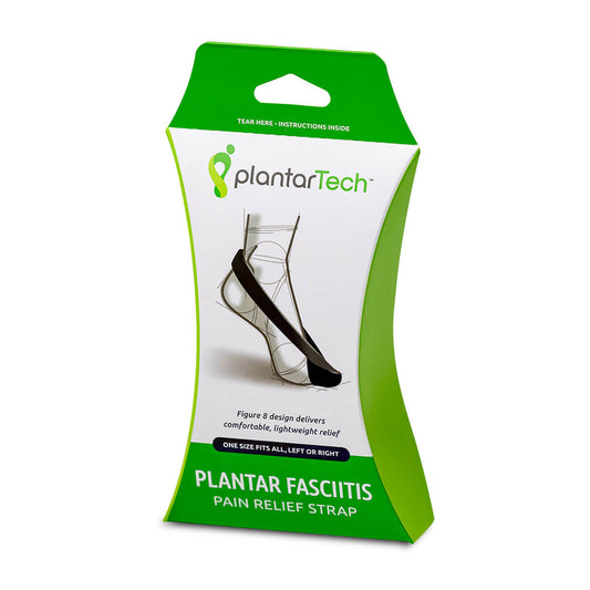 Plantar Faciitis Pain Relief Strap packaging showing lightweight design and fit for left or right foot.
